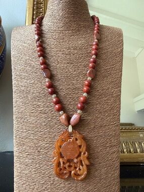 Handcrafted Brown cognac jade Carved Pendant gold stone red jasper Necklace